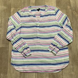 Womens Talbots‎ 100% Linen Half Button V-Neck Striped Roll Up Sleeve Top Shirt